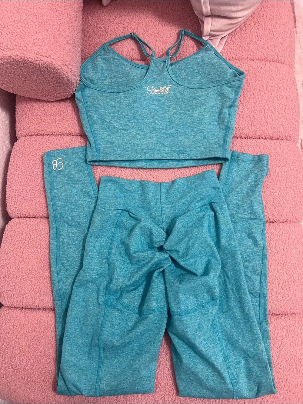 Bombshell Sportswear  Set - Crop Top-M & Uplift Leggings-S Teal Color